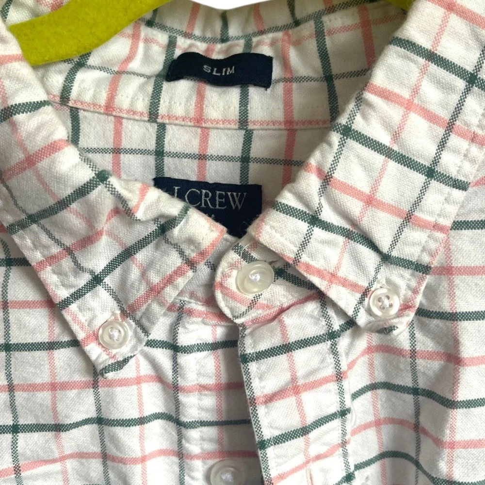 J. Crew‎ Slim Fit Flex Oxford Shirt White W Pink Green Windowpane Plaid L